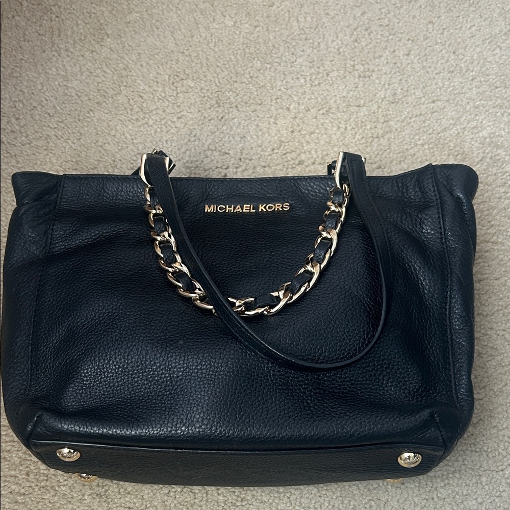 Michael Kors Black Leather Shoulder Bag with Gold Accents